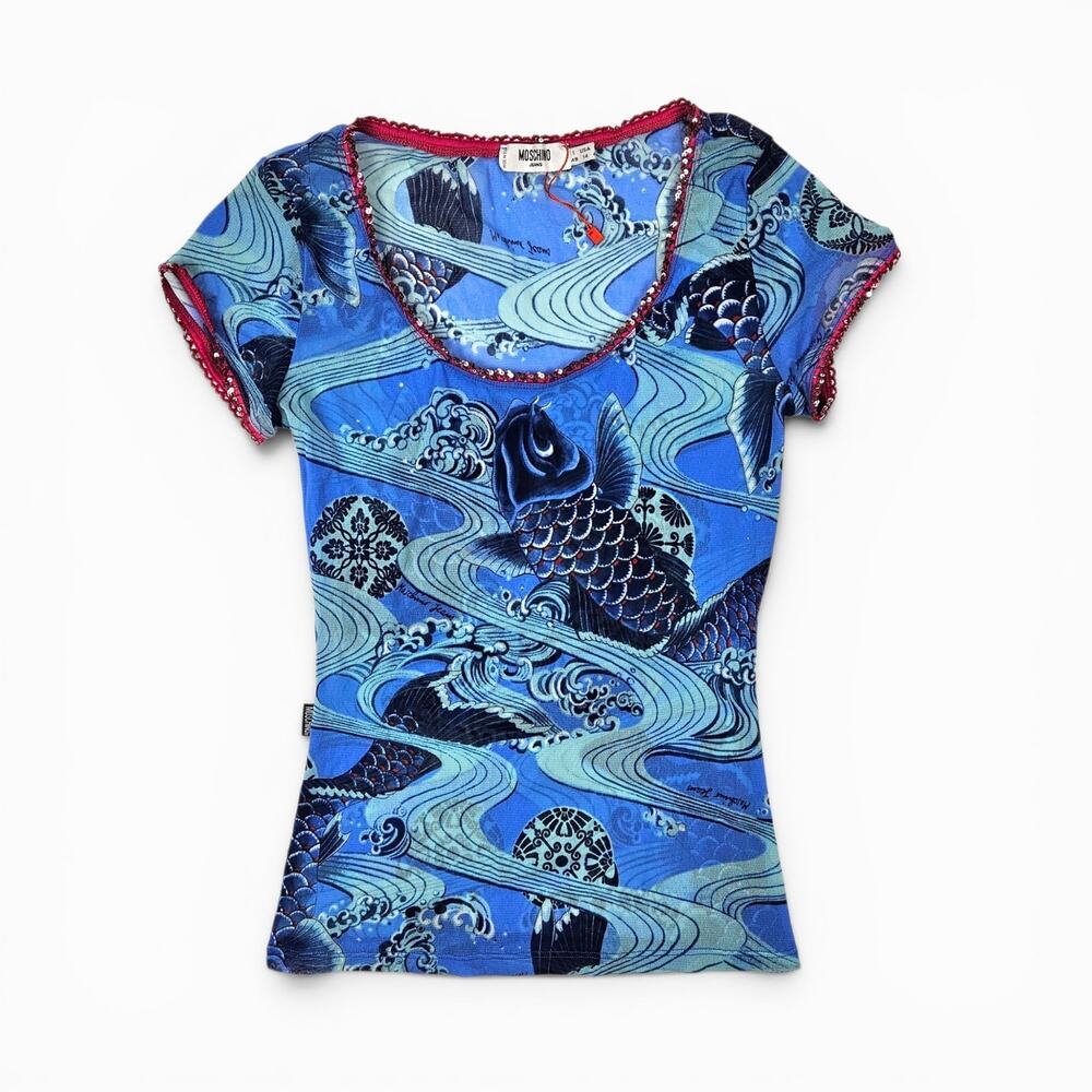 Rare Y2k/90's Moschino Koi Mesh Top Sequin Blue - Size Small